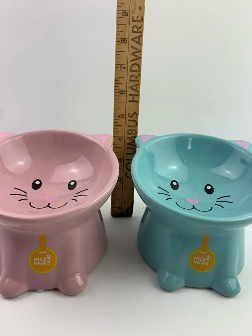 Nice Paws Ceramic Tilted & Raised Cat Bowls Lot Of 2 Pink Blue